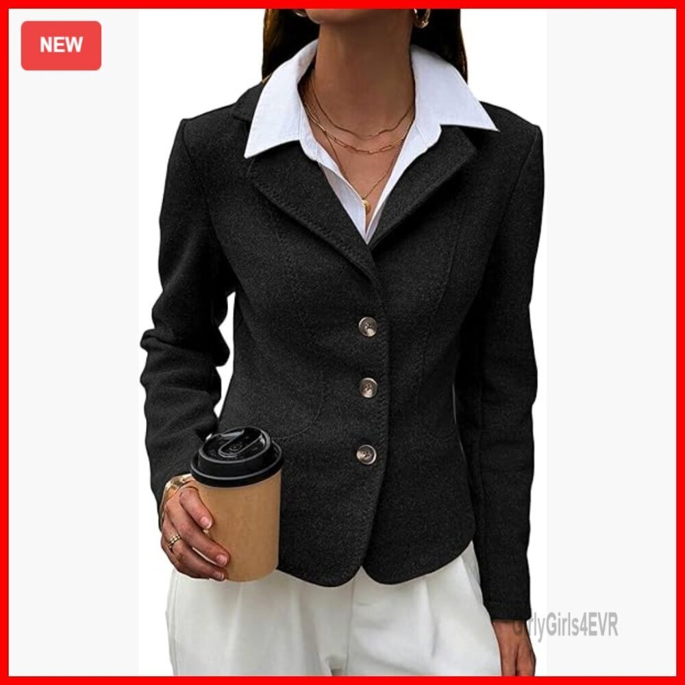 Cropped Tweed Blazer Jacket Slim Fit Work Casual Polyester Lined